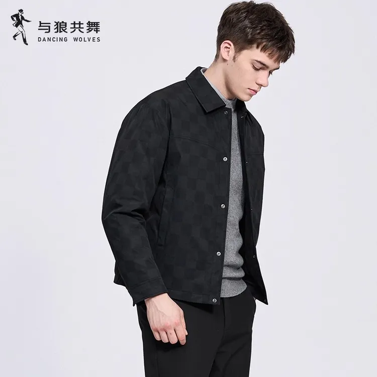 【羽绒内胆】与狼共舞翻领夹克男2025秋冬新款棋盘格提花休闲外套