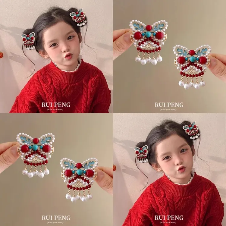 新年过年拜年儿童醒狮汉服发夹新中式中国风女童宝宝发卡春节发饰