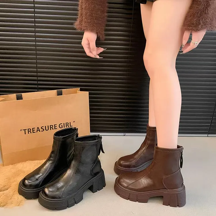 潮风时尚厚底加绒短筒靴女2025秋冬新款圆头中跟百搭英伦风马丁靴
