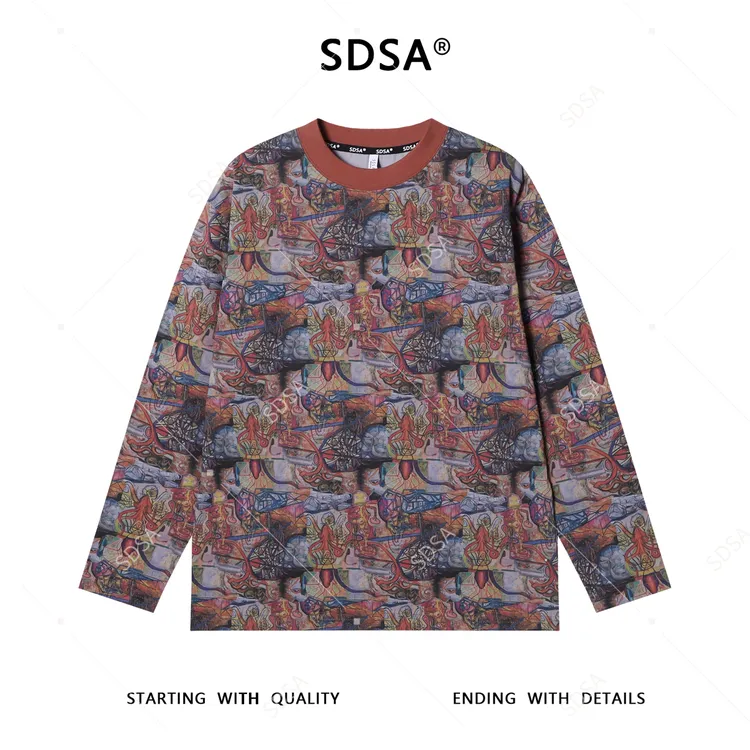 SDSA男士秋冬新款痞帅男装百搭艺术油画图案圆领长袖T恤百搭时尚