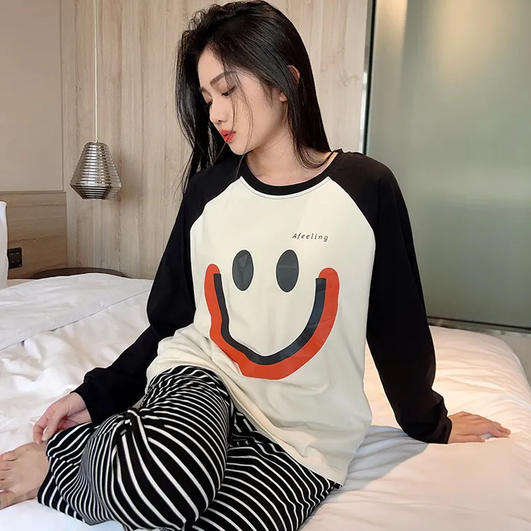 春秋款睡衣女带胸垫防凸点一体式长袖长裤可爱纯棉家居服休闲套装