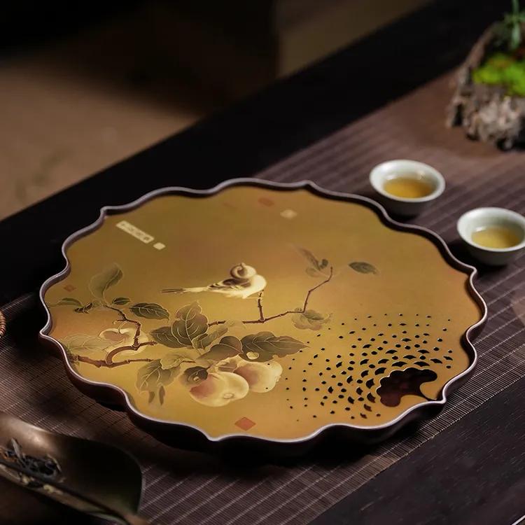 古歌元作新中式莲花茶盘铜彩烧高端复古功夫茶具禅意蓄水干湿两用