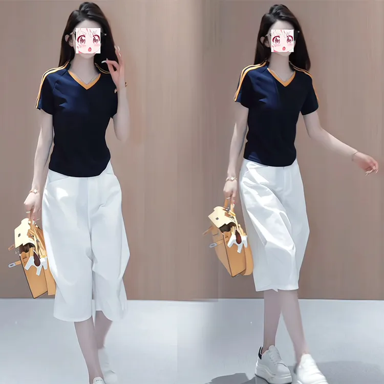 2025夏季新款撞色显瘦百搭V领短袖上衣减龄直筒中裤休闲两件套潮