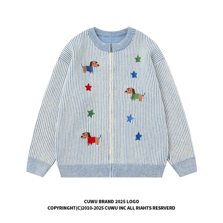 cuwu趣味小狗刺绣条纹毛衣开衫女男秋冬宽松慵懒风拉链针织衫外套