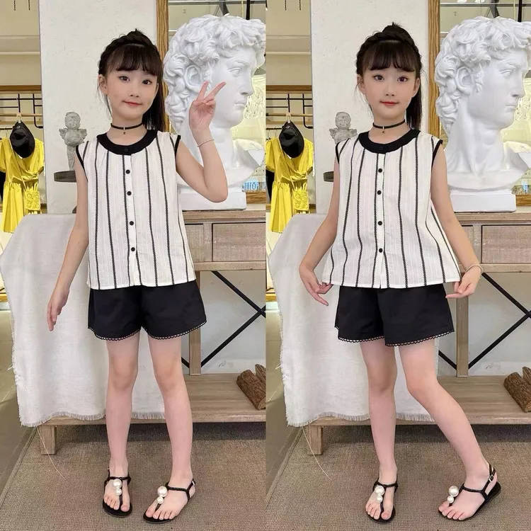 女童2025新款夏季条纹无袖拼色中大童时尚薄款洋气短裤两件套百搭