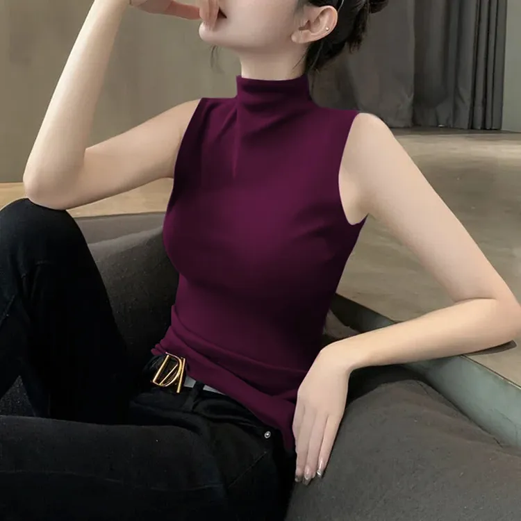 气质半高领无袖针织背心女2025早秋新款洋气高贵紫色内搭打底上衣