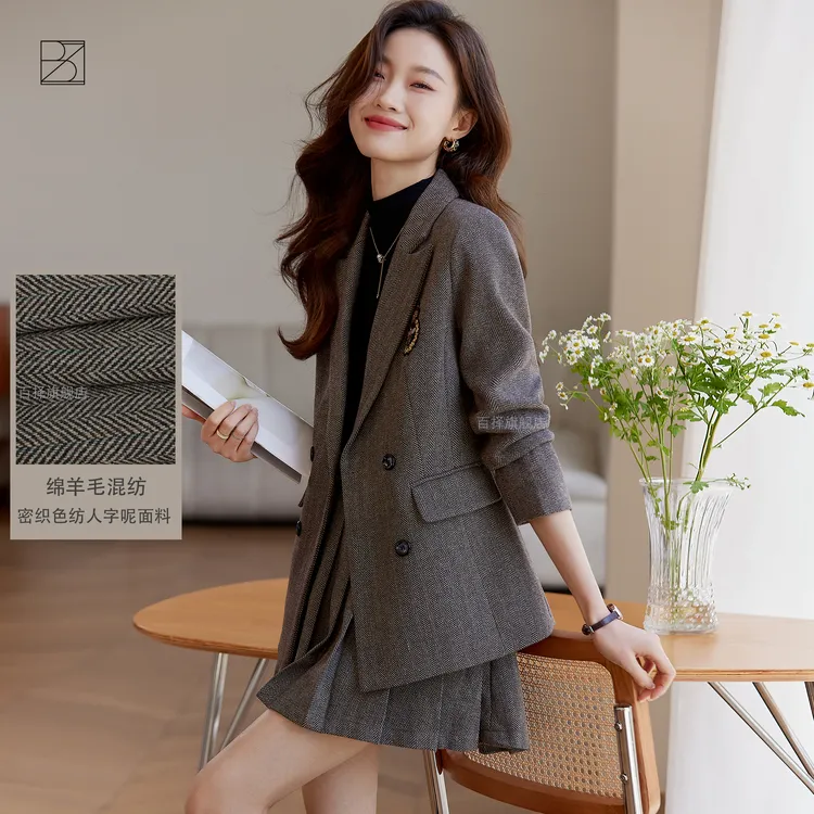 『半开小调』学院风西装套装女春秋新减龄气质呢子西服百褶裙两件套商品图