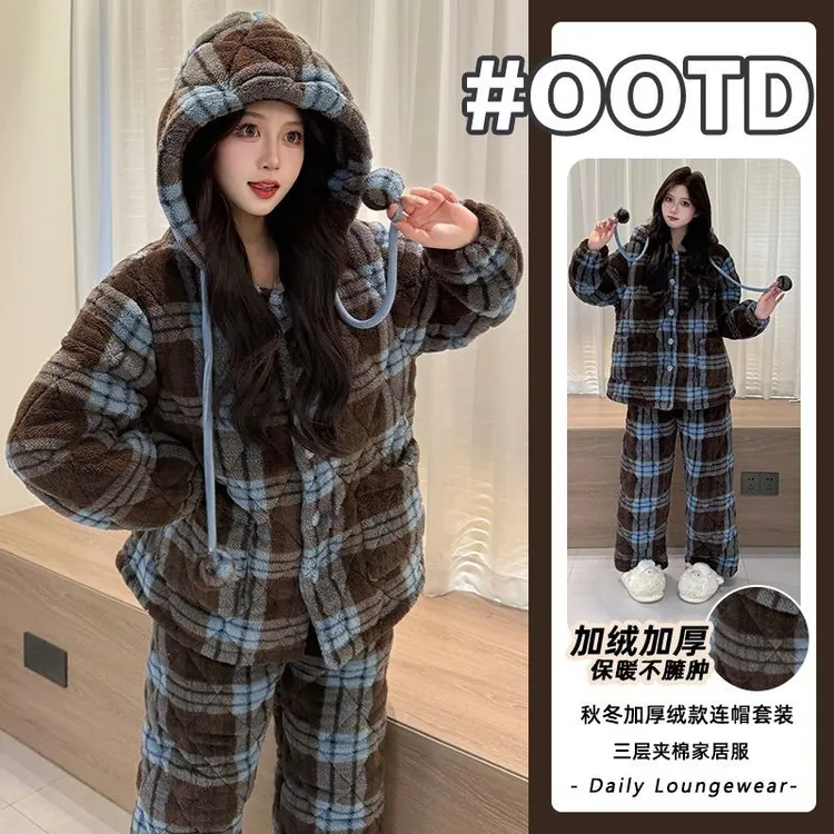 睡衣女2025冬季长毛绒三层夹棉加绒加厚珊瑚绒格纹舒适保暖家居服