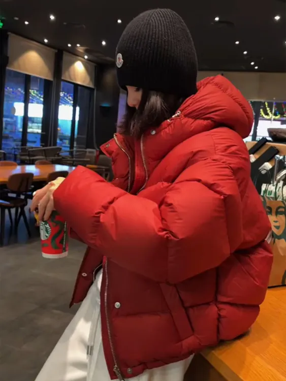 韩系高级感超好看红色短款棉服女2025年新款冬季时尚洋气棉衣外套