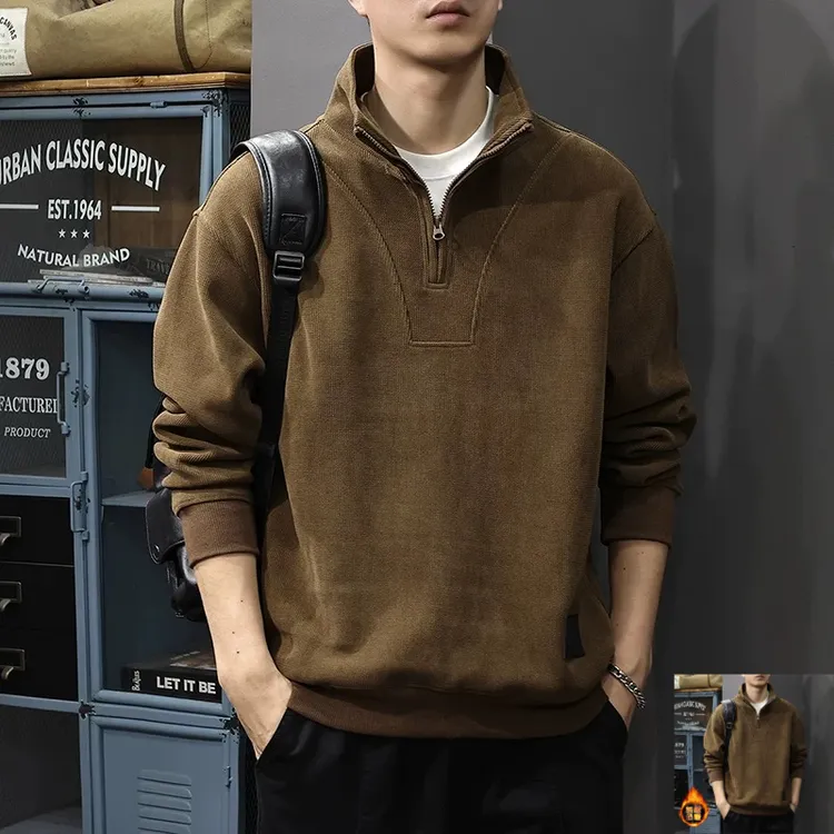 秋冬新款男士半拉链立领加绒一体潮酷痞气休闲卫衣秋冬季节时尚上