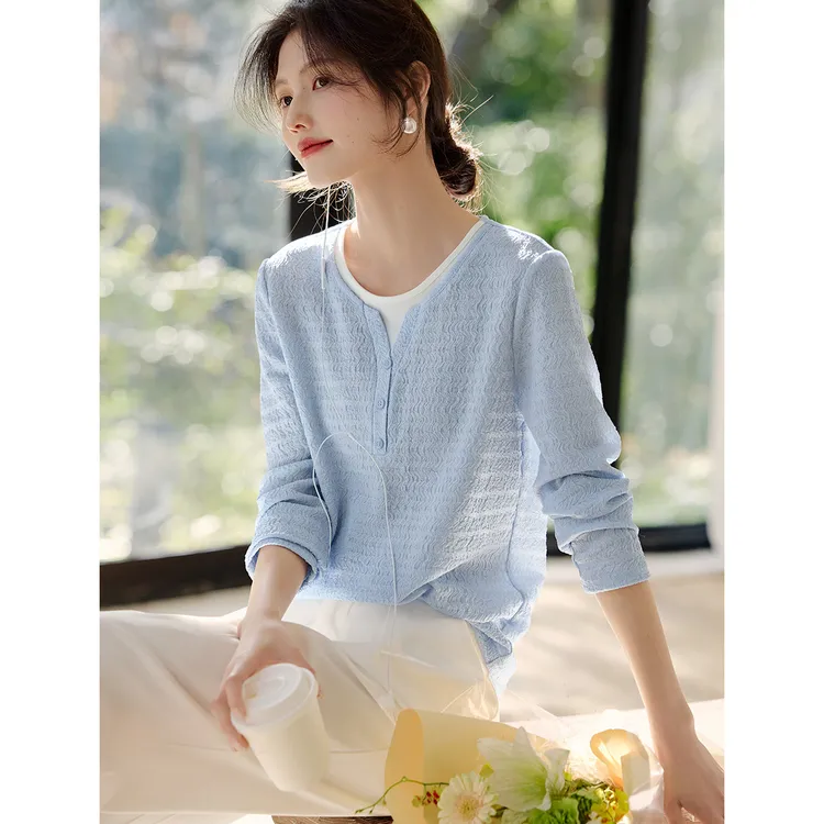 假两件拼接肌理感长袖T恤女春季新款知性优雅纹理感显瘦减龄上衣