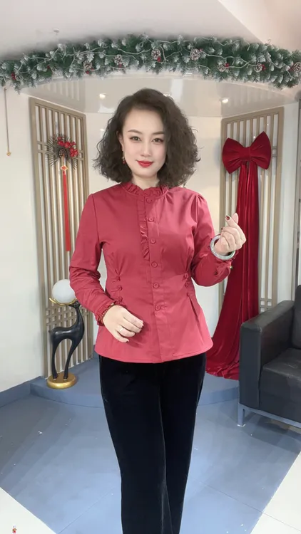 【不加绒】时尚百搭修身显瘦木耳边立领长袖掐褶纽扣修身衬衫1522