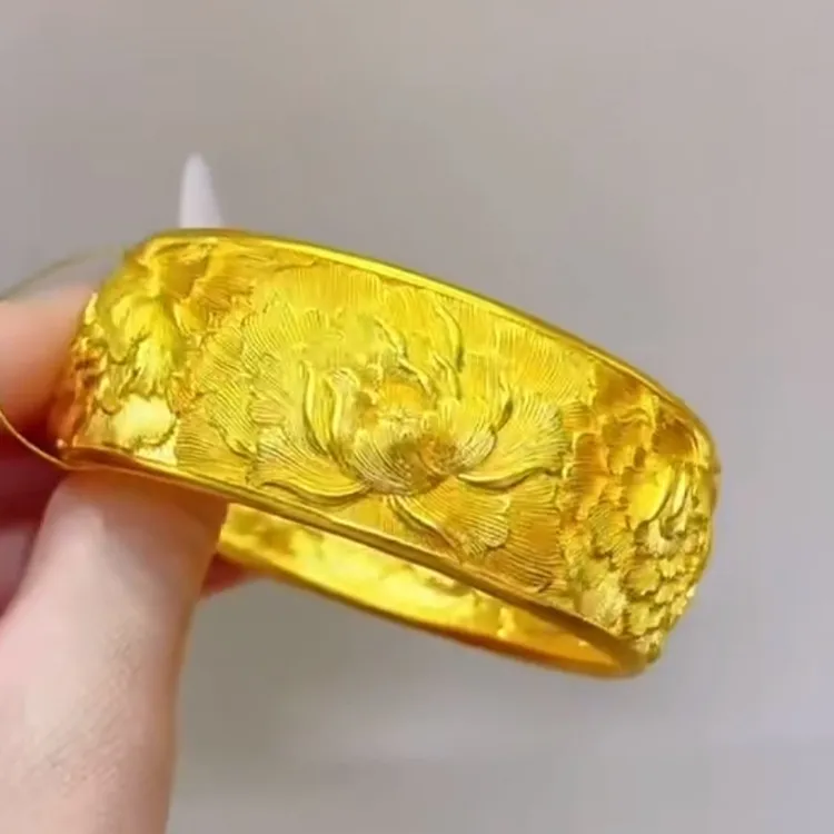 合金手镯 首饰饰品富贵花开牡丹花开口篆刻手镯精美金色镯子24n