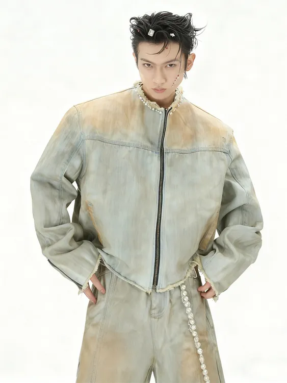 高级感小众做旧珍珠点缀短款牛仔夹克男 秋季宽松痞帅外套潮