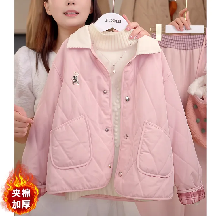 女童翻领夹棉外套2025新款秋冬款二棉加厚棉服保暖菱形格甜美棉衣