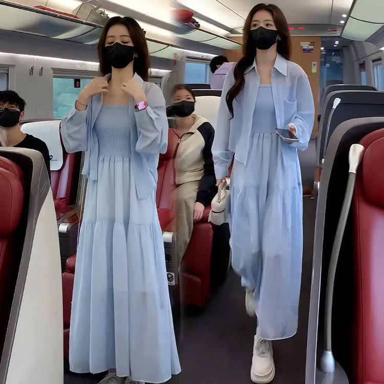 纯欲风气质套装女2025年夏季新款翻领长袖衬衣褶皱吊带裙两件套潮