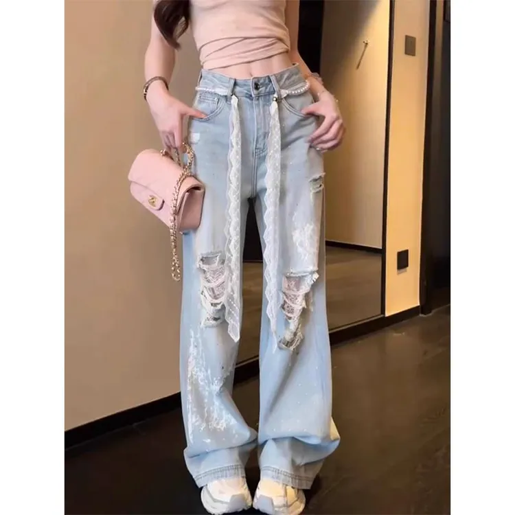 韩版破洞蕾丝直筒牛仔裤女2025春夏时尚洋气设计感阔腿宽松阔腿裤