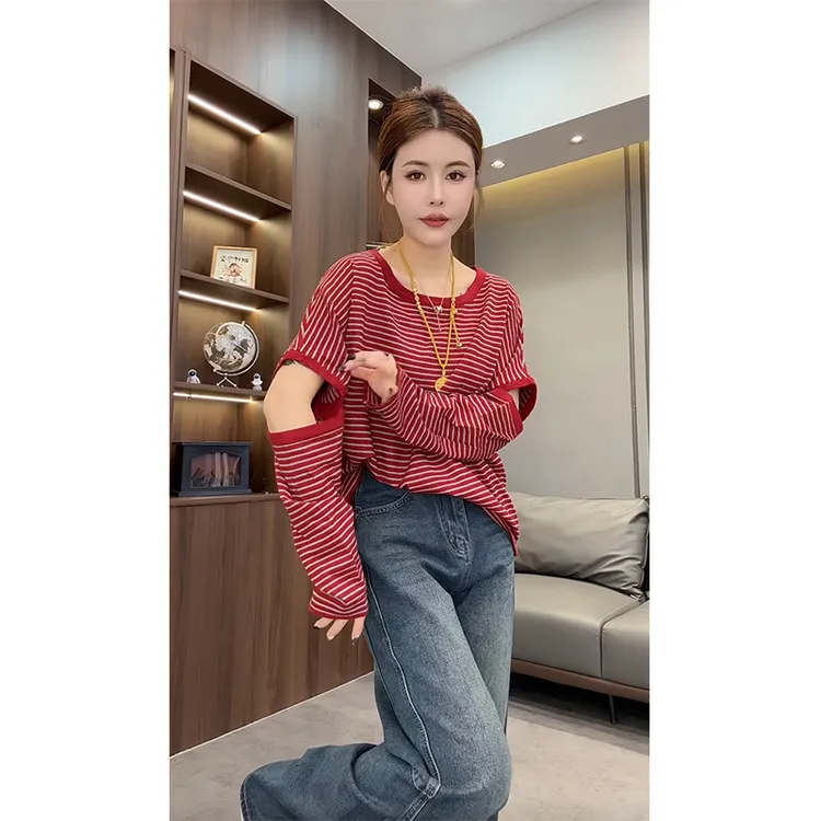 欧货2025早秋新款洋气减龄休闲百搭撞色条纹镂空圆领长袖T恤上衣