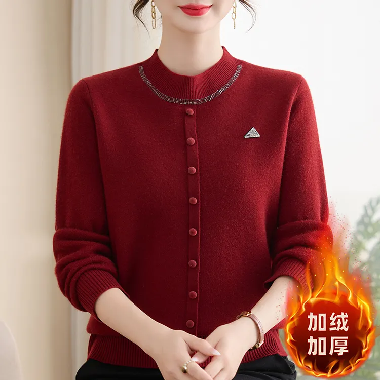 中老年妈妈装弹力衫针织秋冬装一体绒加绒款女装长袖细针织打底衫