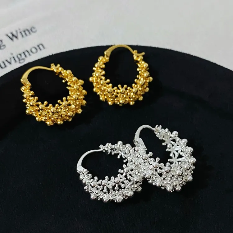 铜合金耳饰 法式镂空烟花金属豆豆花篮圈圈耳环新款高级感耳圈商品图