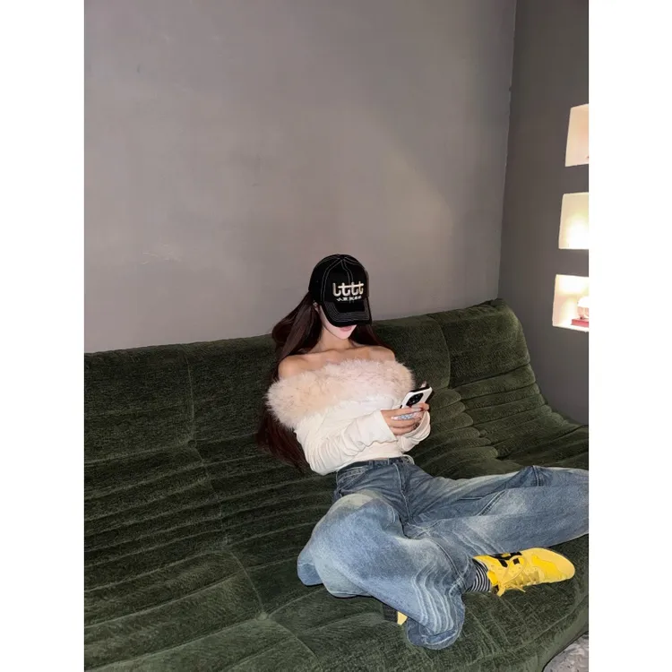 法式时髦毛领一字肩长袖T恤女秋冬季高级感辣妹复古休闲牛仔长裤