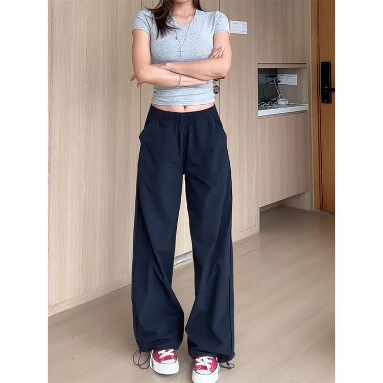 藏青色速干休闲运动裤女薄款夏户外伞兵登山工装裤束脚直筒阔腿裤