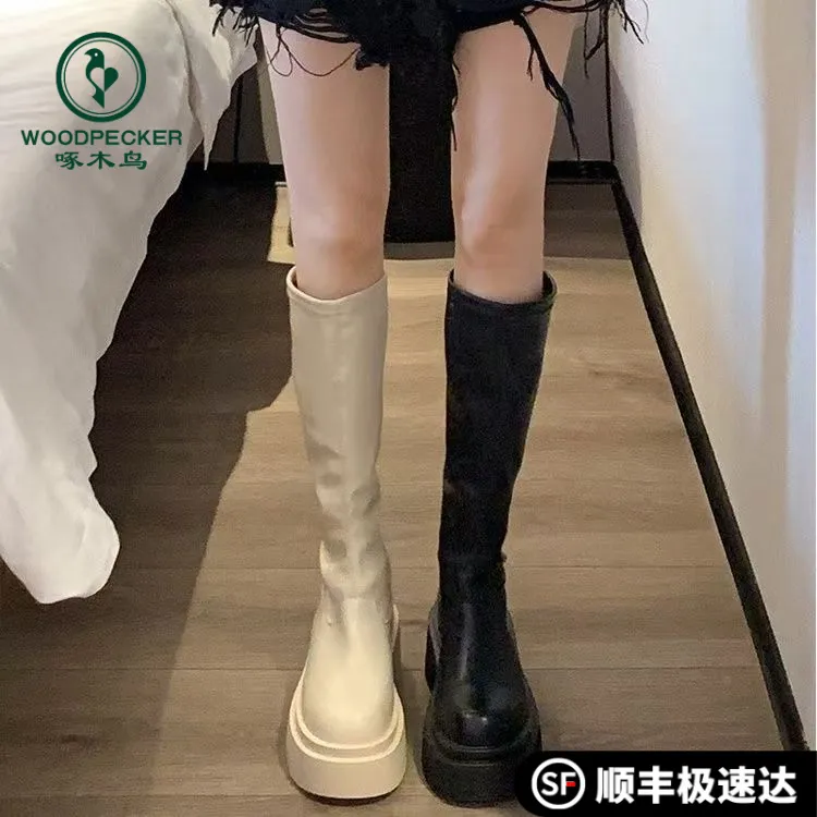 啄木鸟骑士靴裤管长筒靴女2025秋季新款小个子高跟法式瘦瘦靴秋冬