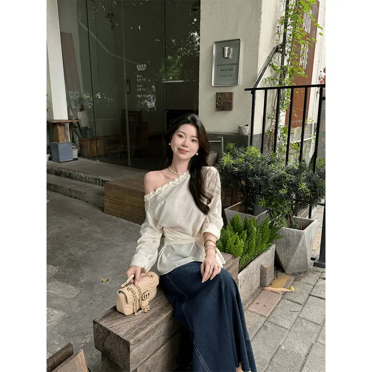 清冷系禅意衣服女韩系气质木耳边斜肩长袖衬衫温柔收腰休闲上衣