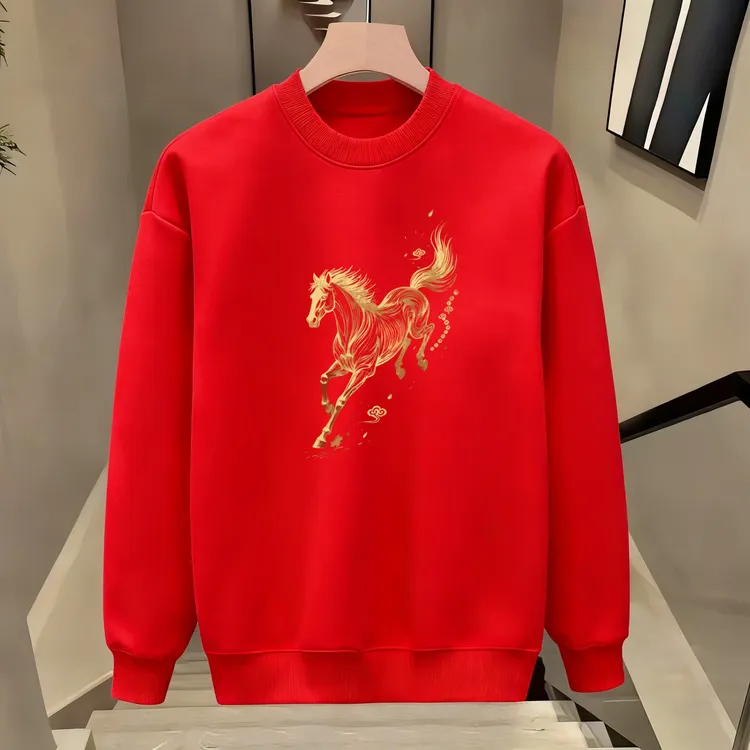 马年秋季厚款男士创意圆领男装套头休闲秋冬红色卫衣冬季国潮长袖