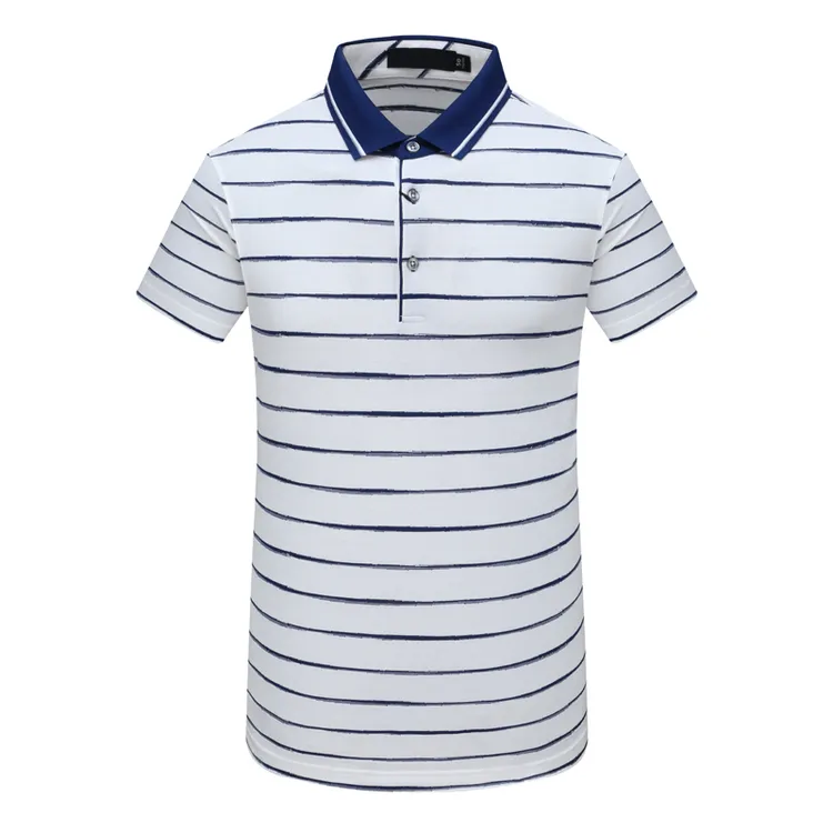 SF562路男式夏季短袖T恤 桑蚕丝翻领套头休闲商务上衣 白色蓝条