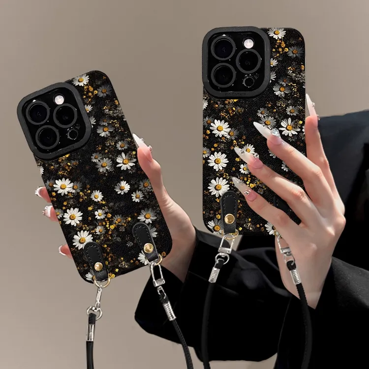 适用苹果16promax手机壳瞳眼羊皮iPhone15满屏雏菊挂绳14promax女