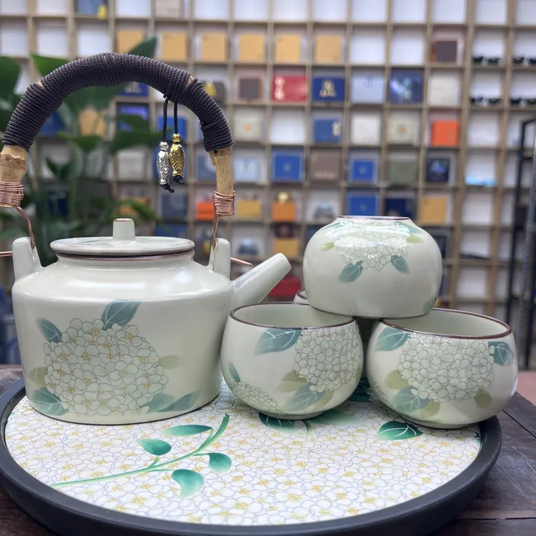 绣球花提梁+四杯+圆茶盘-ZHZ134（众）