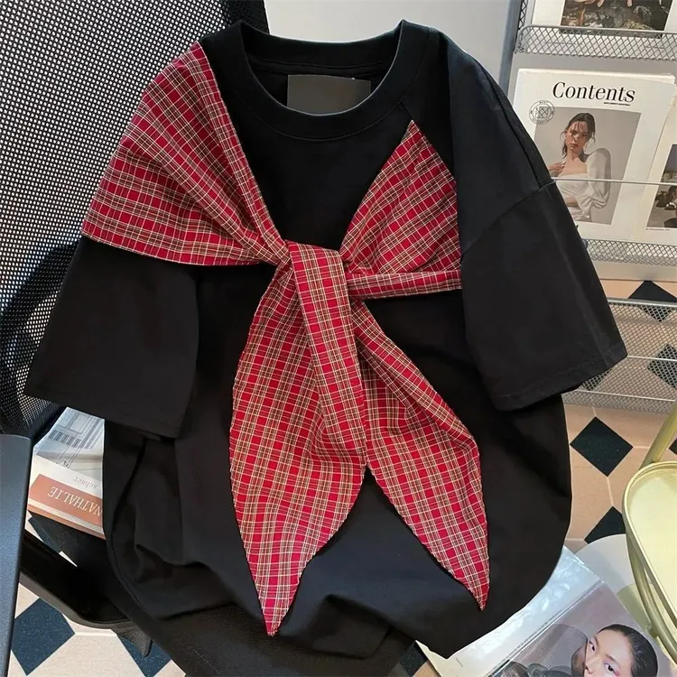 灰色蝴蝶结格子绑带拼接短袖t恤女2025夏季学院风设计感半袖上衣