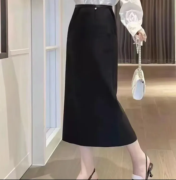 大码胖mm气质简约弹力中长开叉半身裙松紧腰显瘦减龄百搭西装裙