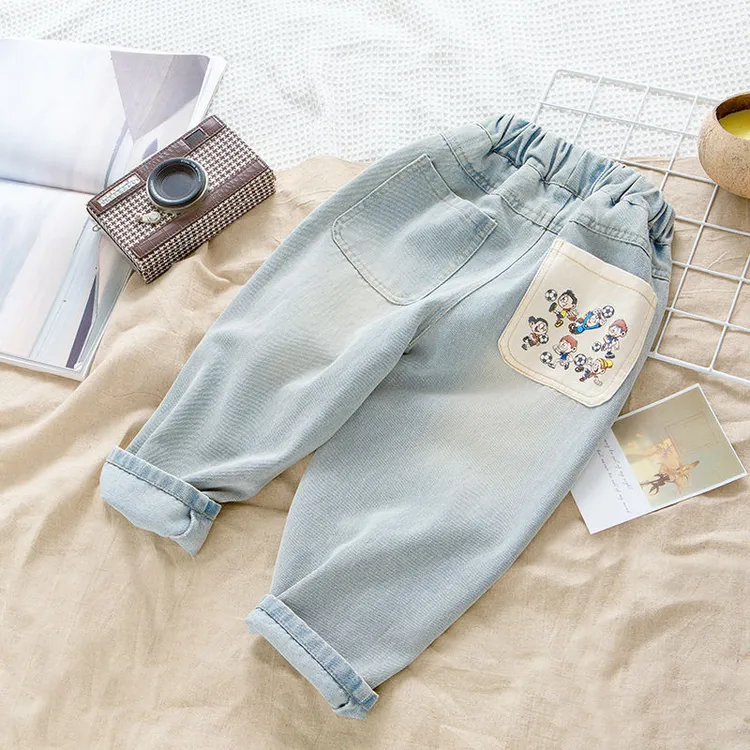 男童女童新款洋气牛仔裤宝宝卡通图像牛仔长裤宽松儿童休闲裤子