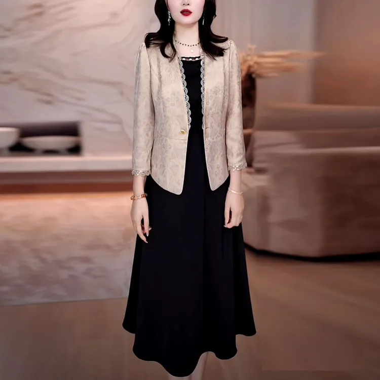 贡缎提花时尚气质两件套连衣裙2025秋季新款修身小外套背心裙套装