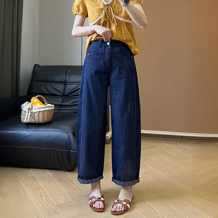 丹宁蓝弯刀牛仔裤女大码梨形身材宽松高腰显瘦百搭哈伦裤烟管裤