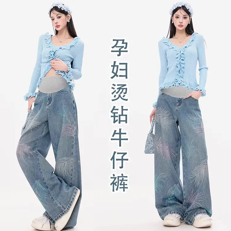 时尚孕妇秋季新款色彩烫钻直通牛仔阔腿裤树叶彩钻宽松阔腿长裤