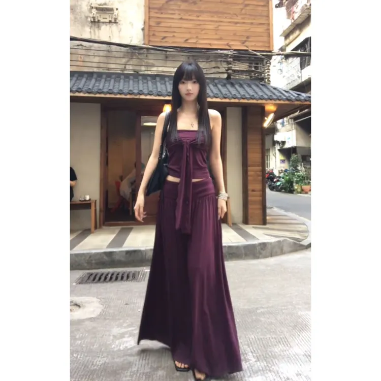 parkyeon辣妹风性感蝴蝶结绑带抹胸吊带背心上衣半身裙紫色套装