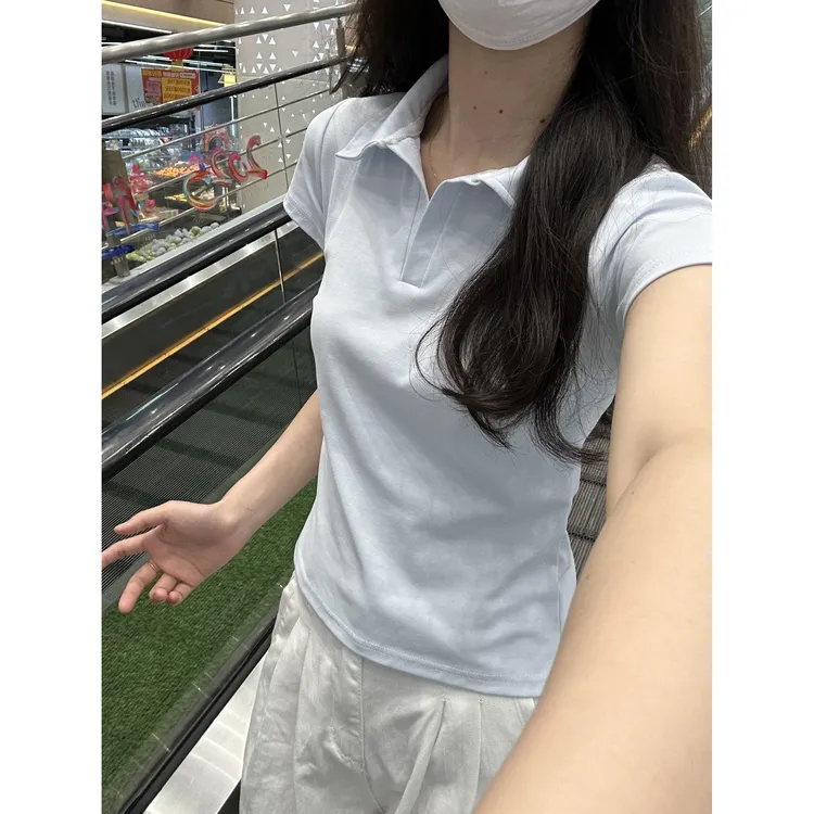 Marie·COCO美式复古POLO领正肩浅蓝色短袖T恤女收腰修身显瘦上衣