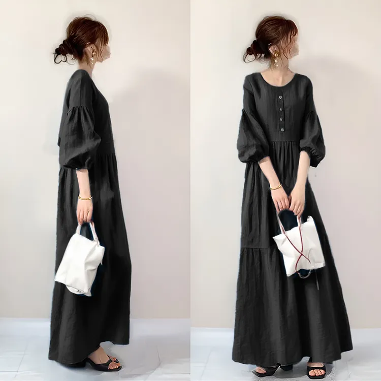 现货日系2024夏季新款圆领半开衫落肩灯笼七分袖抽褶拼接连衣