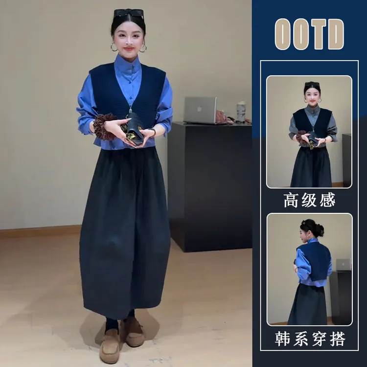 大方得体穿搭一整套高级感叠穿马甲长袖立领衬衫女显瘦半身裙套装