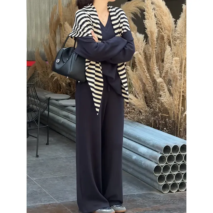 慵懒老钱风套装女装2025秋季新款条纹披肩+V领上衣+阔腿裤三件套