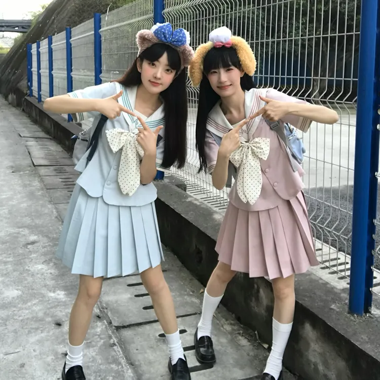 空栗鼠丸【桃芙梨】jk制服水手服收腰甜美学院风百褶裙双子套装女夏