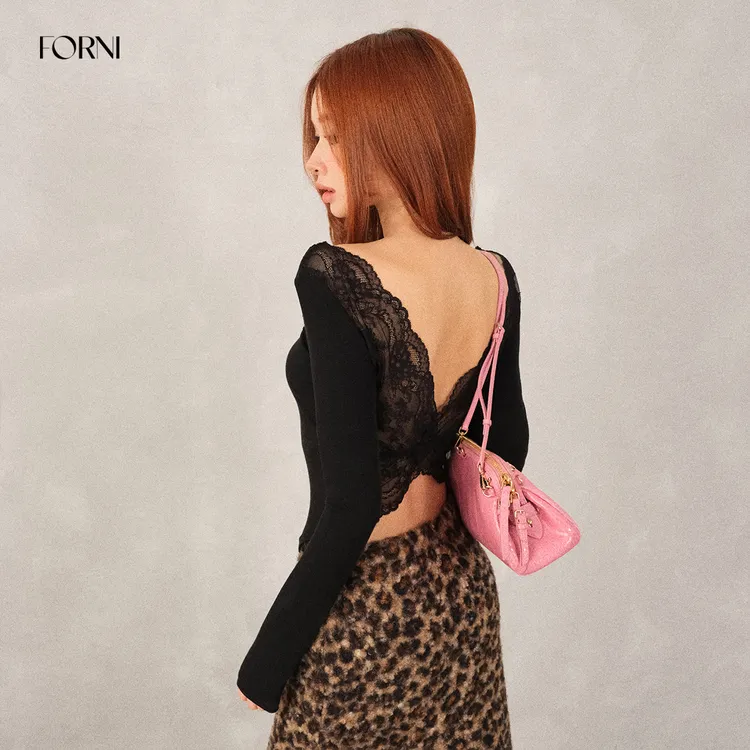 FORNI 蝴蝶蕾丝 气质纯欲风天丝醋酸短款露背蕾丝打底衫