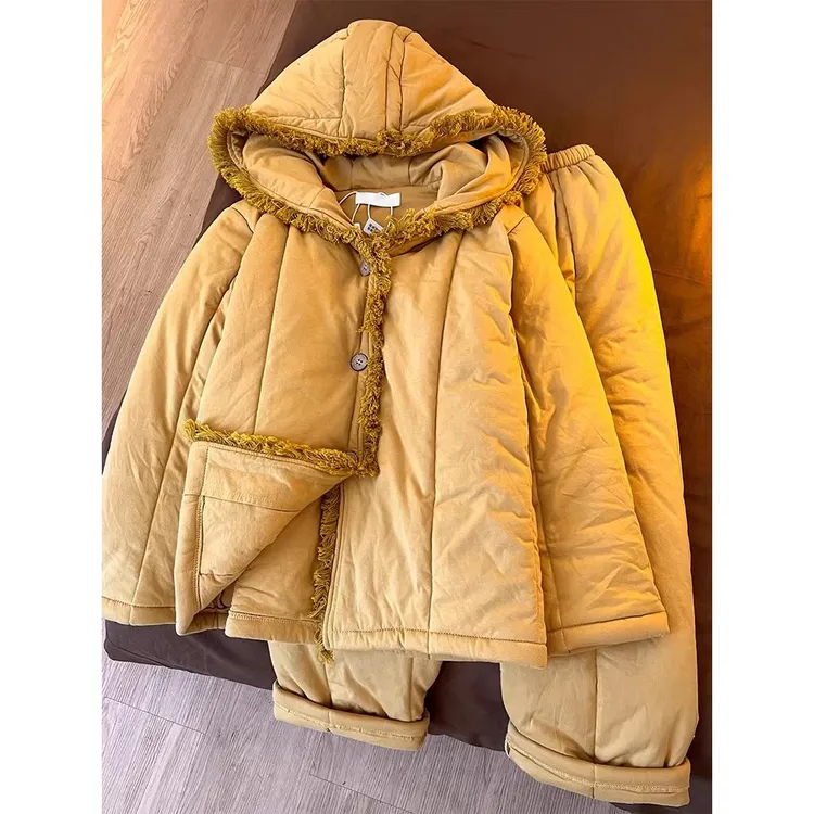 韩版流苏夹棉加厚睡衣女2026秋冬季季新款连帽棉服宽松家居服套装