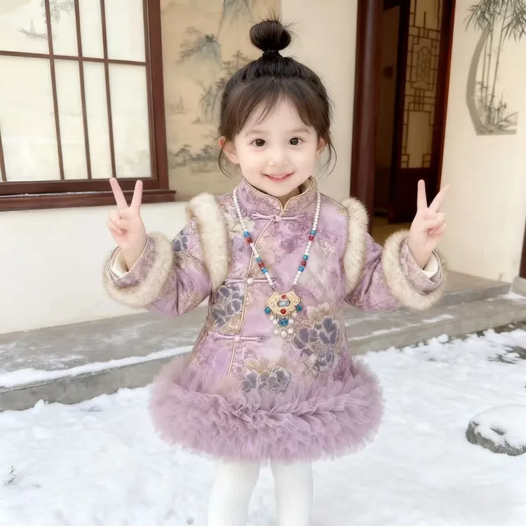 女童加绒旗袍裙新中式连衣裙冬季新款国风儿童加厚拜年服周岁礼服