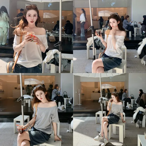 obaa 2025春夏显瘦宽松一字肩休闲不规则百搭T恤