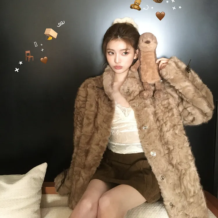 【雯雯专属】人造皮草 小熊心事小湖羊慵懒风环保羊羔毛皮草外套女2025冬季