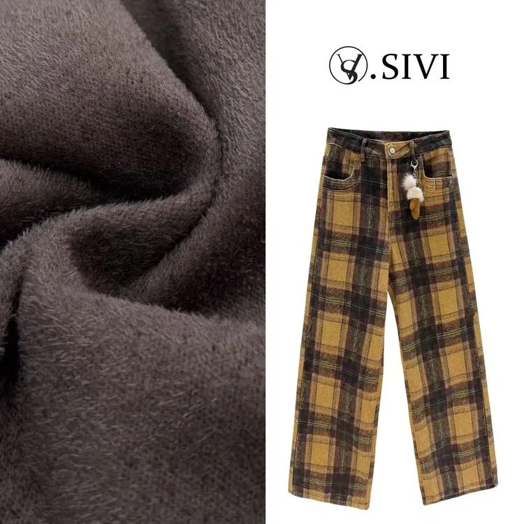 熙薇【别具一格】2025冬季新款设计师休闲加绒格子牛仔裤H6674